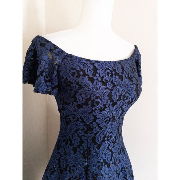 Vintage 2000s Off-Shoulder Blue & Black Glitter Lace Lined Dress S Prom - Picture 5 of 14